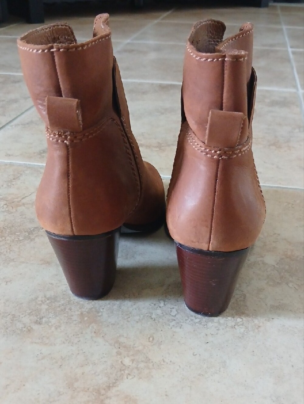 Nine West Cognac Brown Leather Ankle Booties with Stacked Heel - Picture 5 of 9